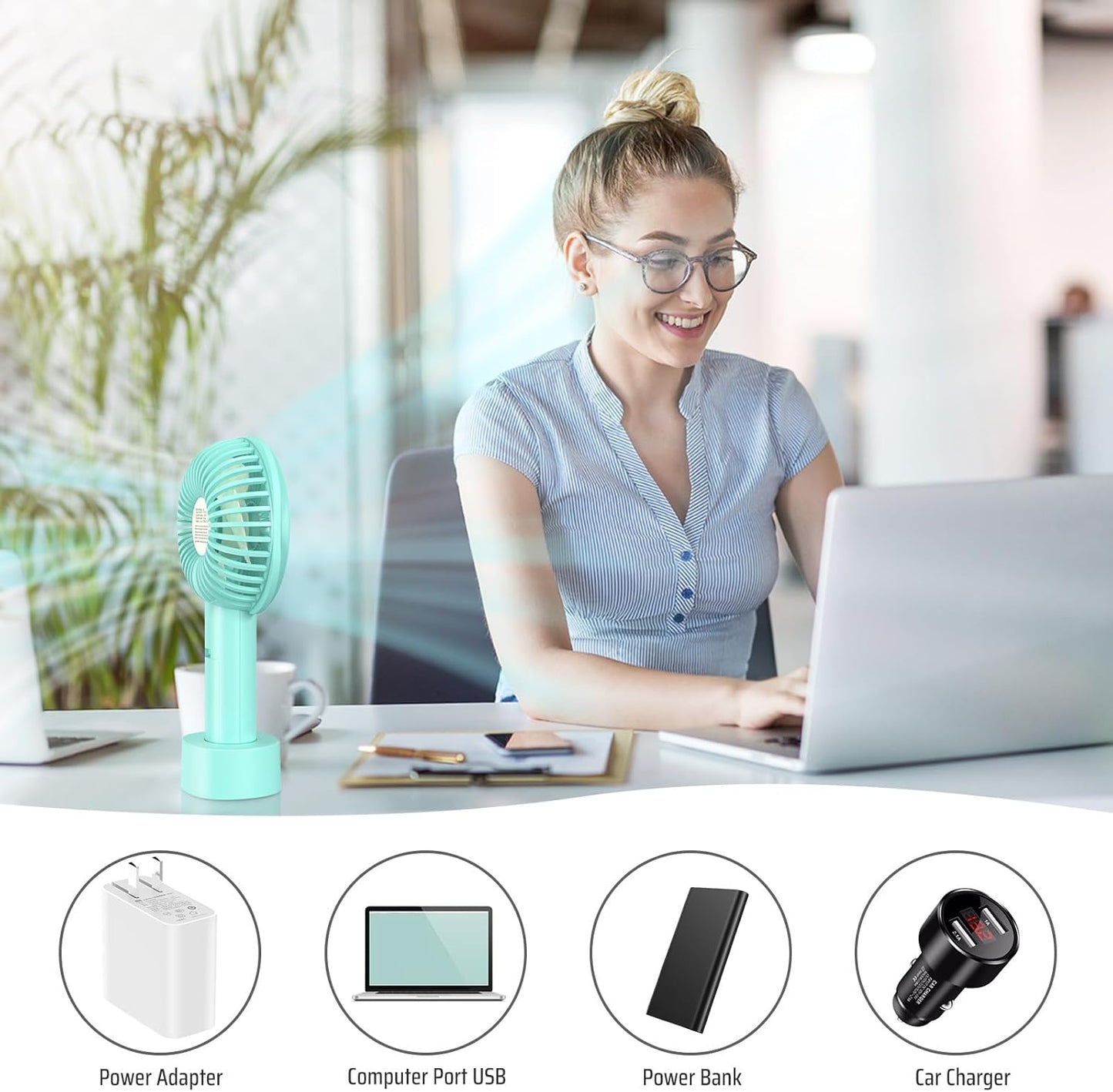 Mini Handheld Portable Fan with USB Rechargeable Battery 2600 mAh, Personal Desk Electric Cooling Fan 3 Speeds with Base, Fit for Home Sport Travel Office Room Table Outdoor School