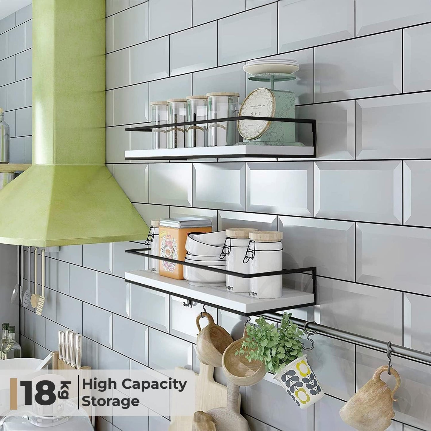 White Floating Shelves Wall Mounted Set of 2 With 18kg Weight Capacity, Hanging Wall shelves for Bedroom, Kitchen, Bathroom, Living Room, Home Office, Storage Organiser - Solid Wood Shelf