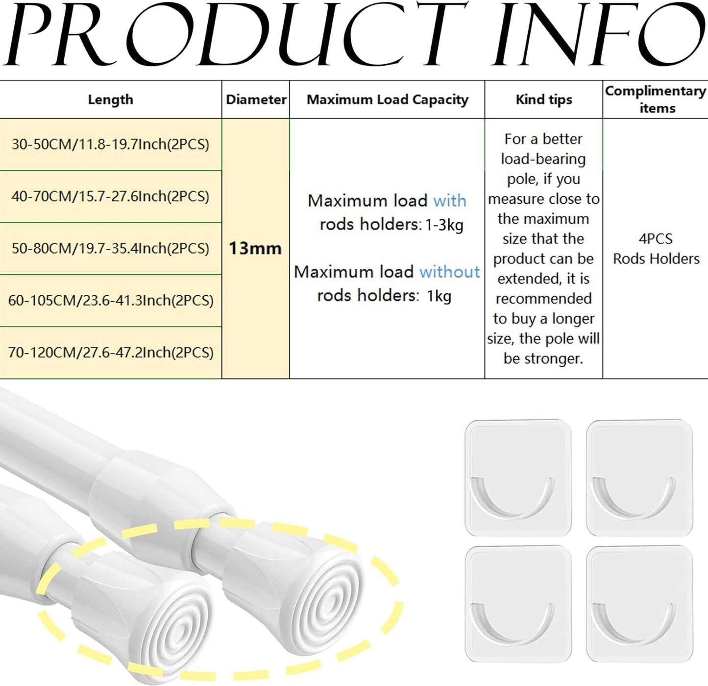 Net Curtain Rods Extendable Tension Rods for Net Curtains Spring Loaded Tension Rod for Kitchen, Bathroom, Wardrobe