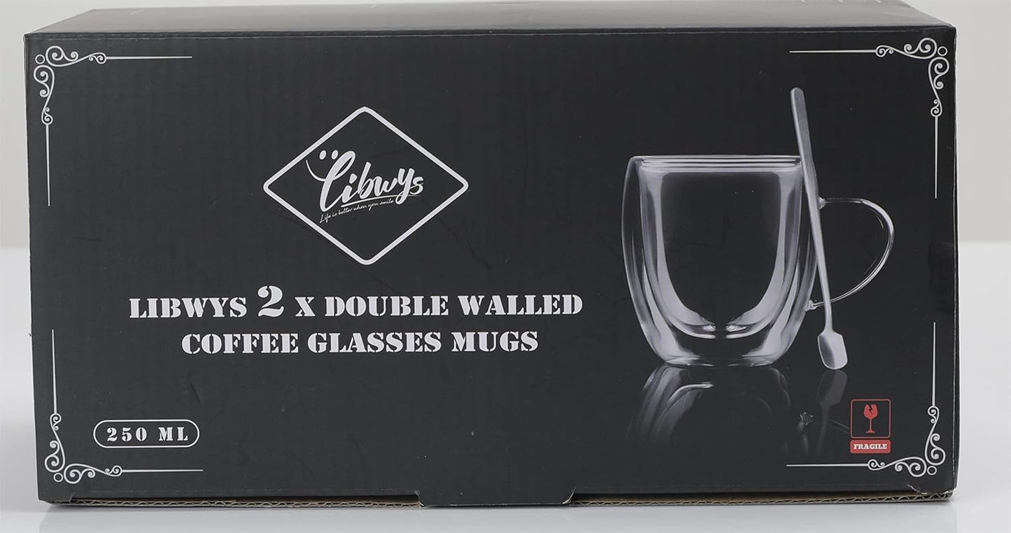 LIBWYS 2 Pack 250ml Double Walled Glass Coffee Mugs with 2 Spoons, Cappuccino Latte Tea Cups with Handle, Heat Resistant Drinking Glasses Cappuccino Cup