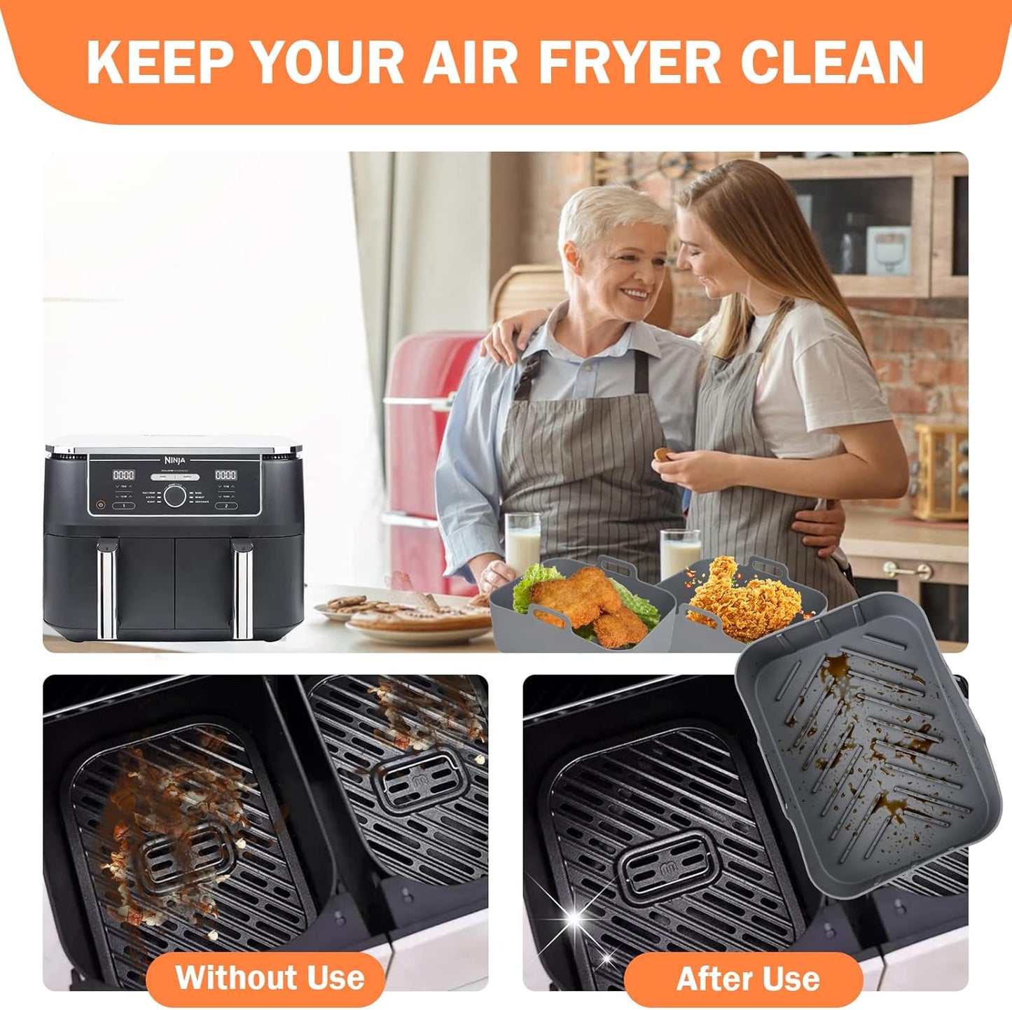Silicone Air Fryer Liner for Ninja Dual AF400UK/SL400UK & Tower T17088, 2pcs Thickened and Larger Air Fryer Liners,Reusable Air Fryer Accessories for Ninja AF451UK 9.5L＆Ninja Double Stack XL Air Fryer
