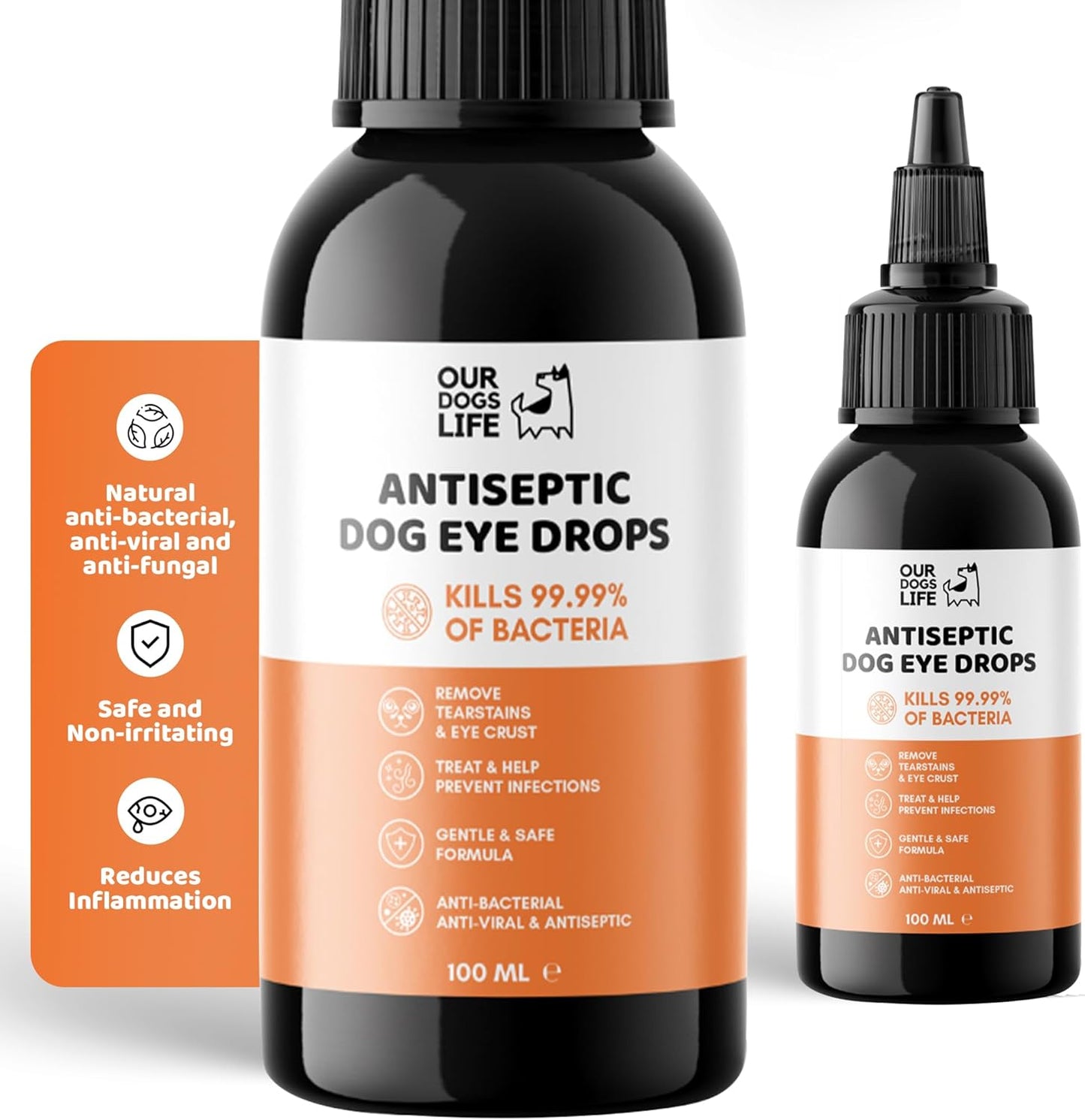Antiseptic Dog Eye Drops - Tear Stain & Eye Crust Remover, Non-Irritating and Natural Eye Cleaning Solution for Dogs, Infection Prevention - Eye Drops for Dogs 100ml