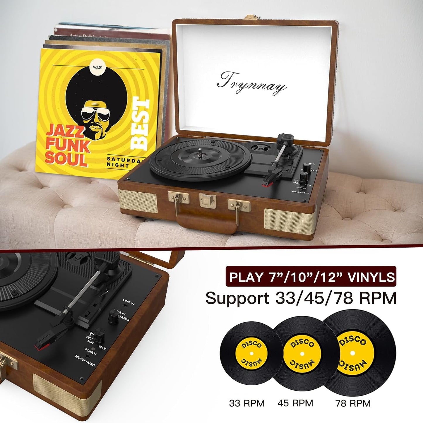Record Player 3 Speed Bluetooth Portable Suitcase Vinyl Player with Built-in Speakers Turntable Enhanced Audio Sound Sky Blue