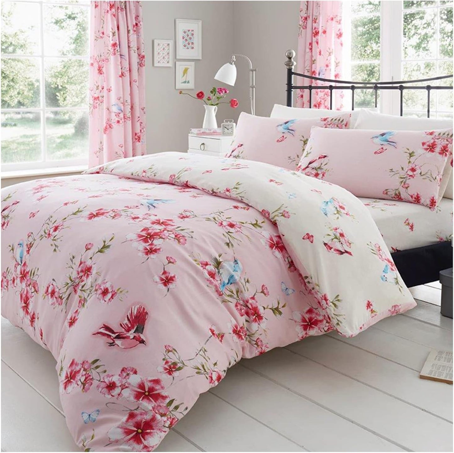 Flower Duvet Cover Double - Blossom Bedding Set With Pillowcase - Polycotton Fabric- Pink