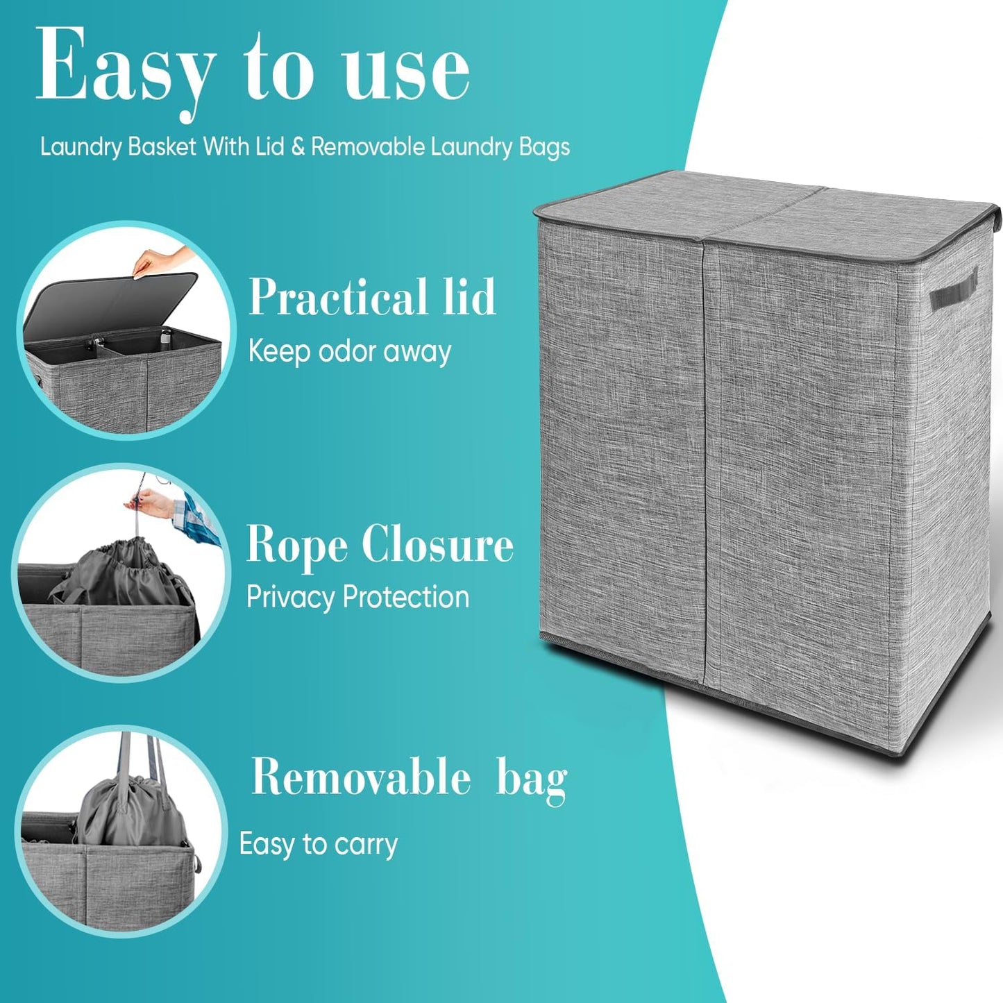 Double Laundry Basket with Lid & Removable Laundry Bags, 2 Compartments Washing Basket, 145L Large Laundry Hamper, Collapsible Laundry Bin Storage Basket Grey