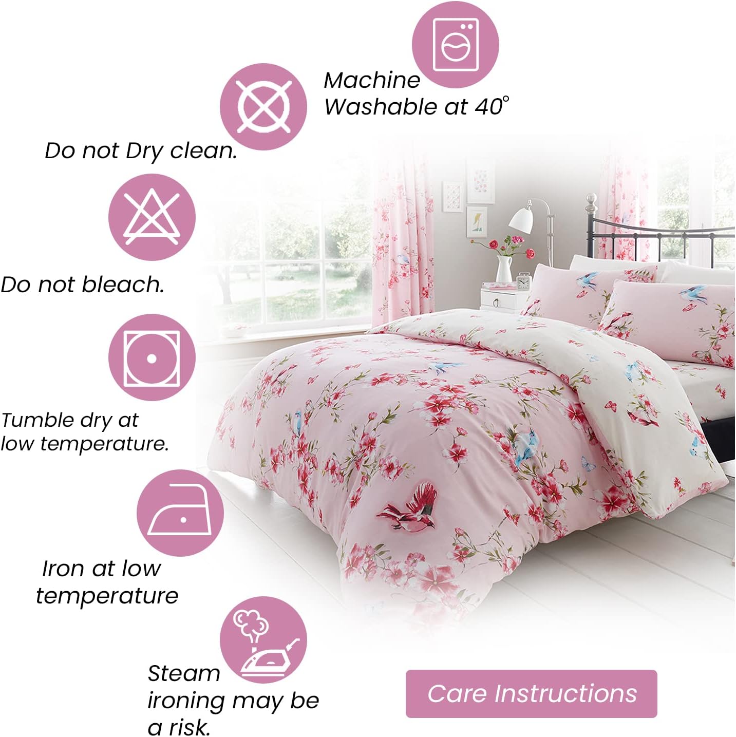 Flower Duvet Cover Double - Blossom Bedding Set With Pillowcase - Polycotton Fabric- Pink