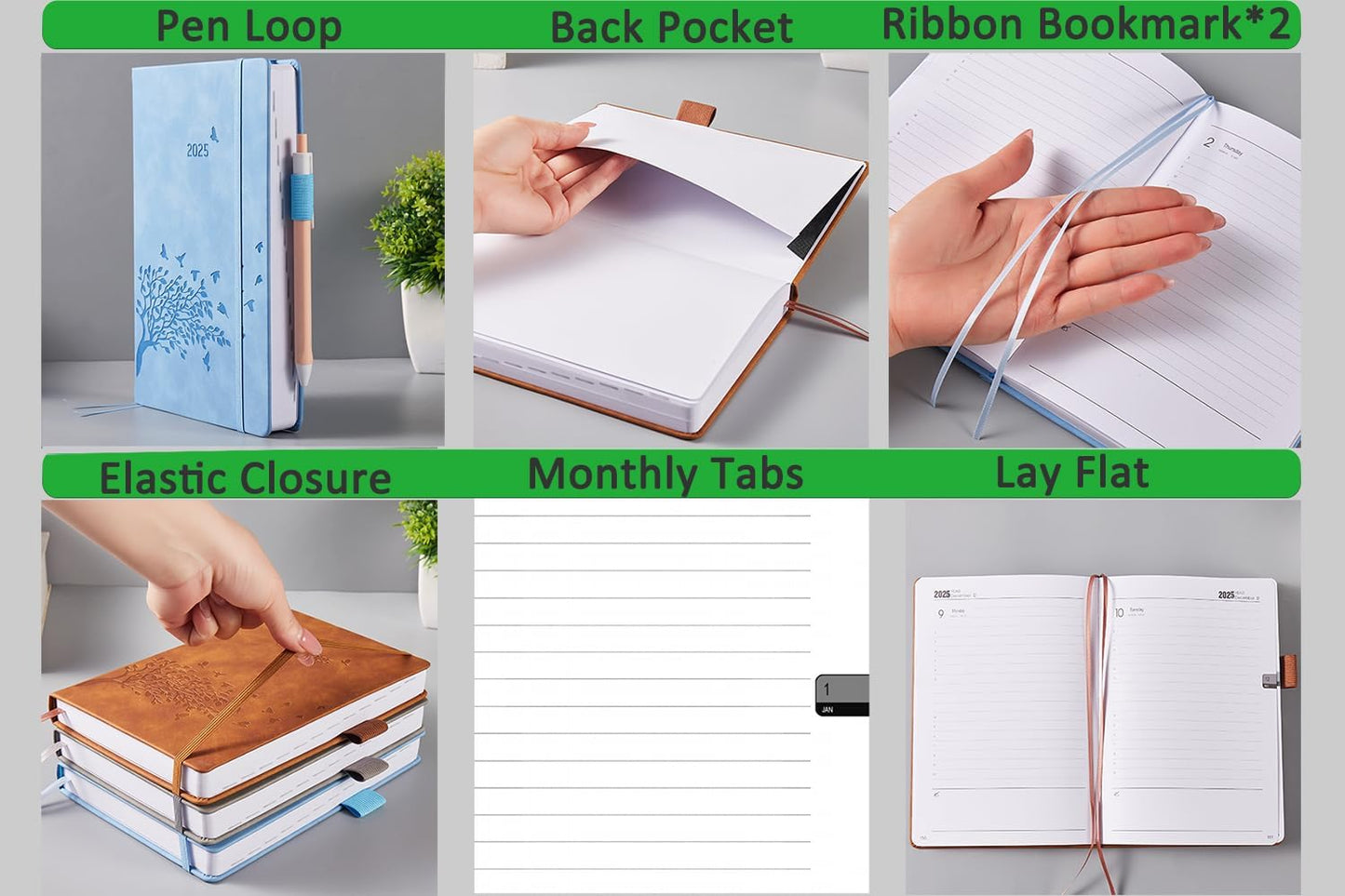 2025 Diary A5 Page a Day with Time, Monthly Overview, Pen Holder, 2 Bookmarks, Back Pocket, Hardcover, Daily Planner Extra Notes UK Holiday, Elastic Closure, Jan.25 - Dec.25, Day per Page