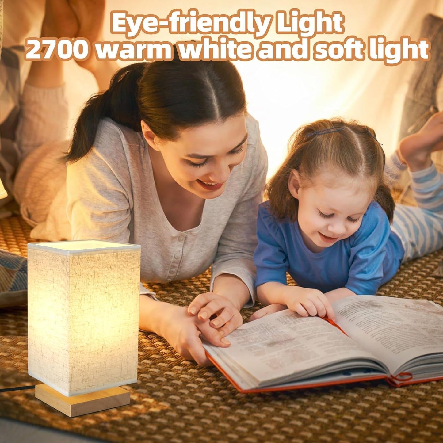 Table Lamp Small Bedside Lamp Minimalist with Rectangle Fabric Shade Natural Wooden Base