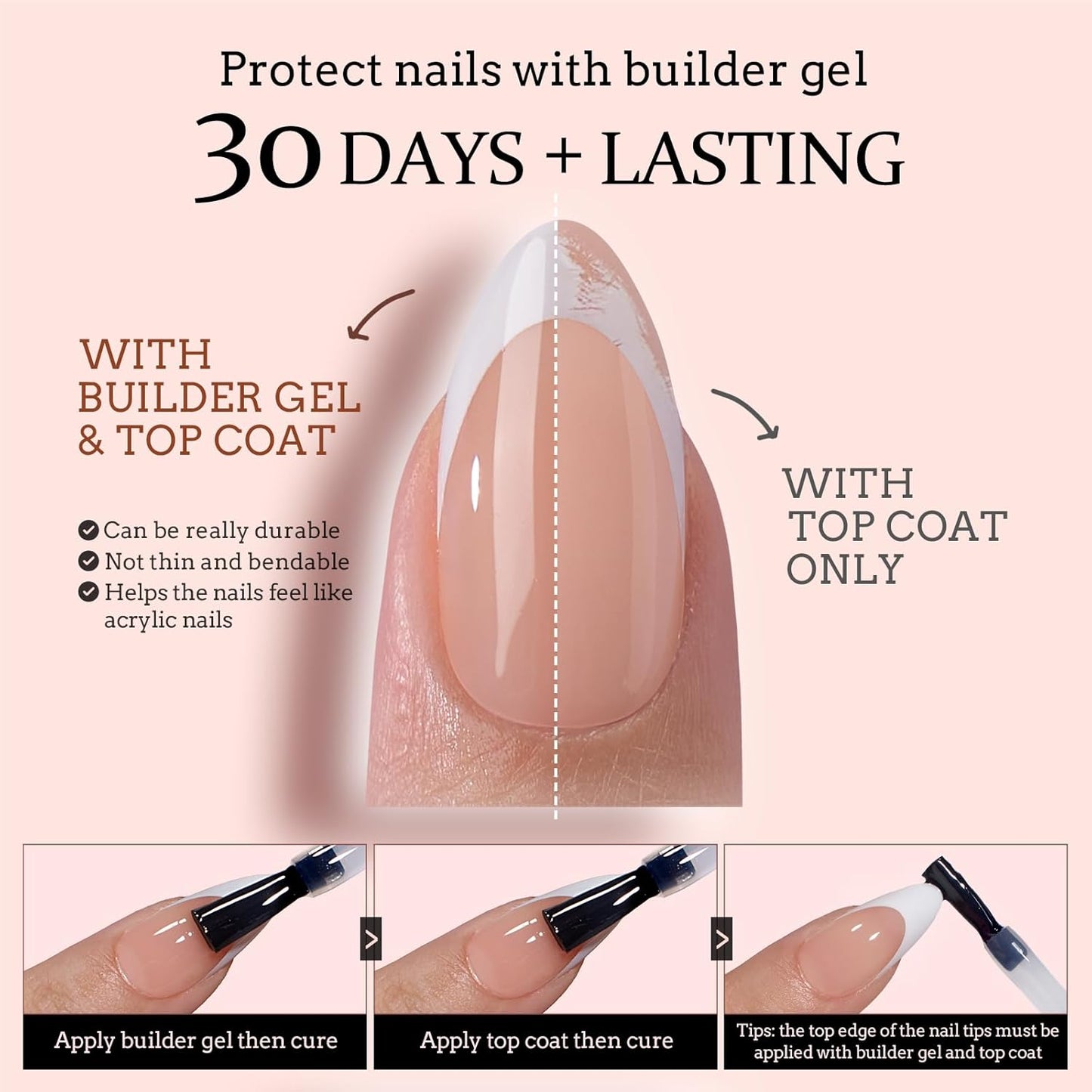 French Tip False Nails - XCOATTIPS Long Square Nail Tips, Nude Press on Nails, Pre-applied Tip Primer & Base Coat Cover