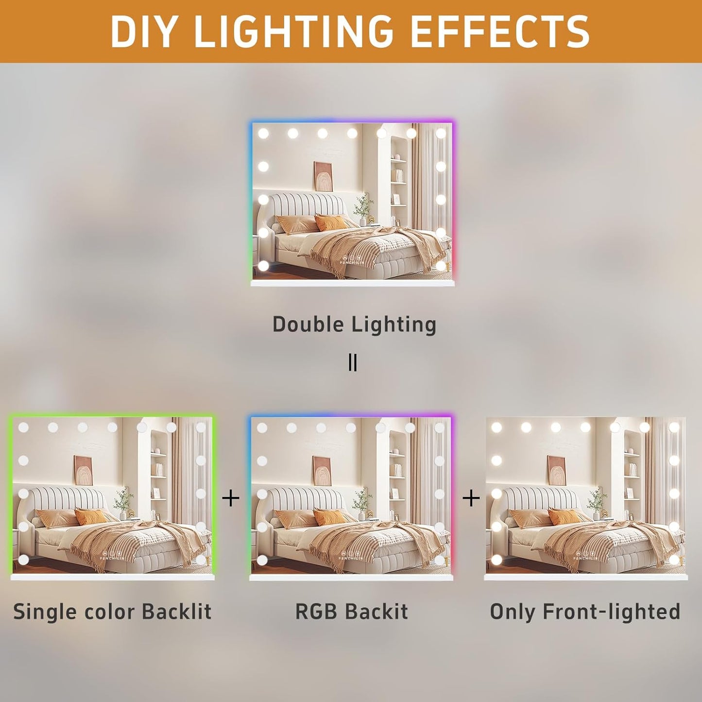 Hollywood Mirror with RGB Backlit 15 LED Vanity Mirror with Lights 3 Lighting Modes Dynamic RGB Backlit Hollywood Vanity Makeup Mirror with Lights Shatterproof for Dressing Table 58x46cm