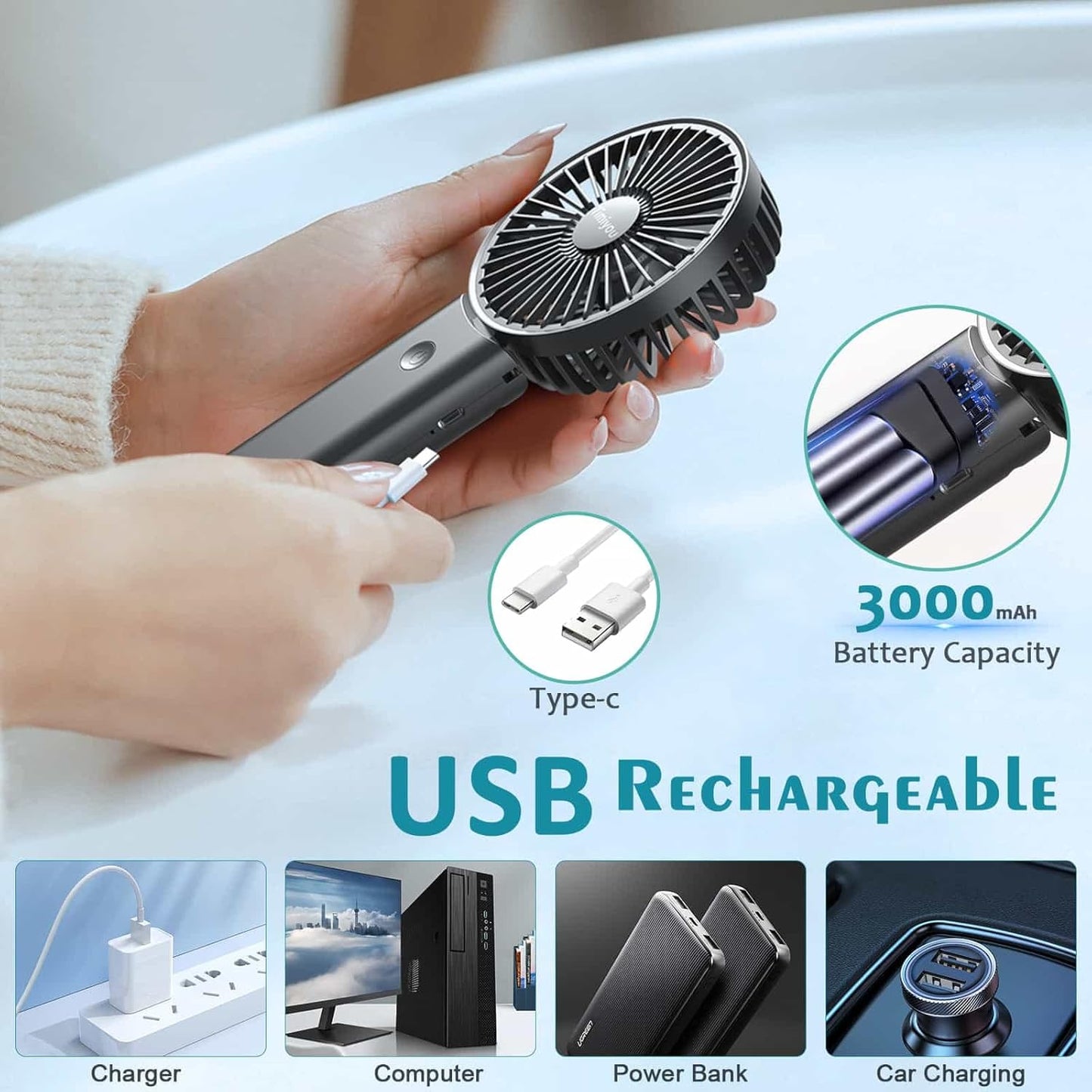 Handheld Fan, Portable Fan with 3 Speed, Mini Hand Held Fans 3000mAh Battery Operated, USB Rechargeable Foldable Desk Fan for Travel Camping Home Office