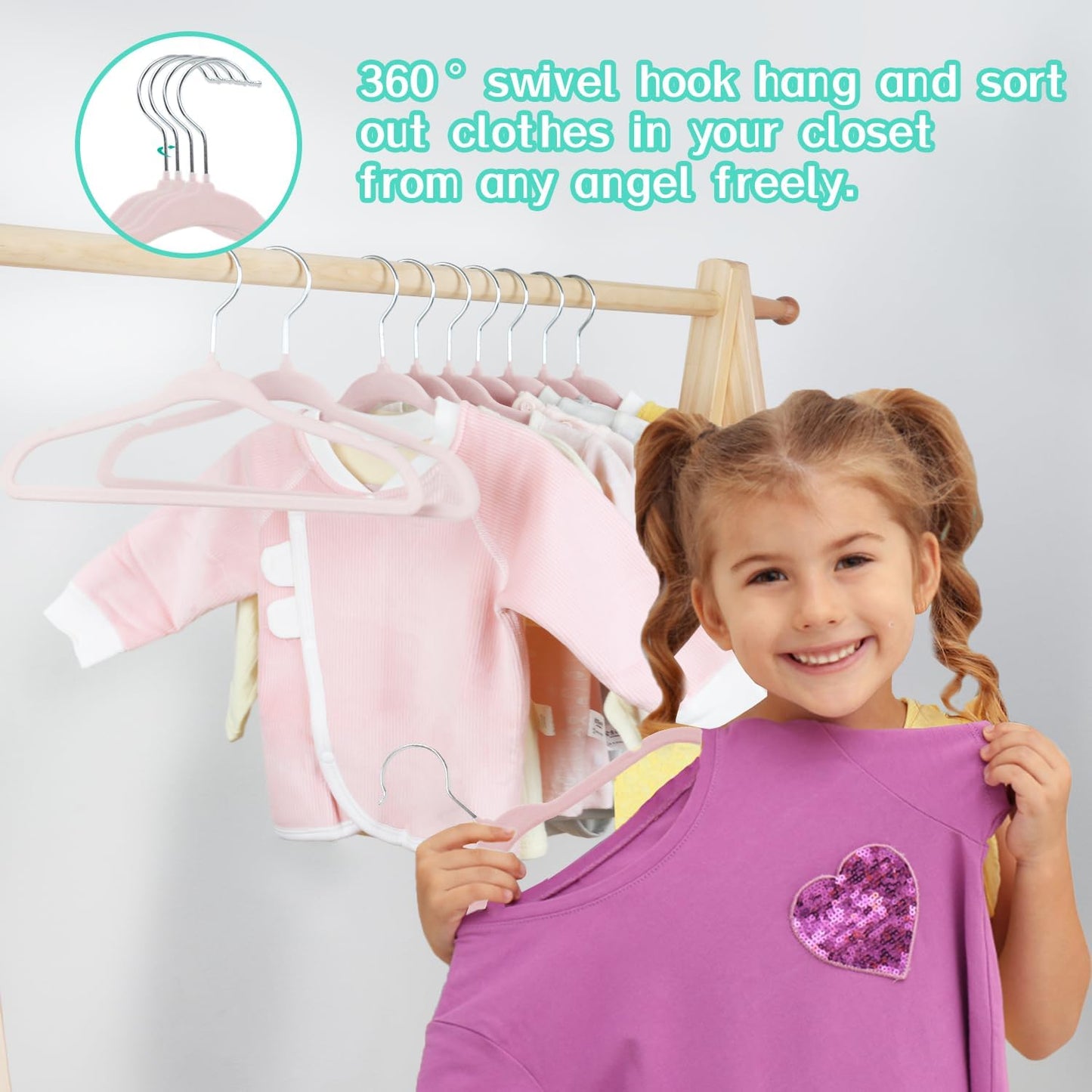 Baby Velvet Hanger 30 Packs,Kids Coat Hangers with Notched Design, Ultra-Thin Space Saving children's hangers, 360 Degree Swivel Hooks,Non-Slip Toddler Children's Hangers (Pink)