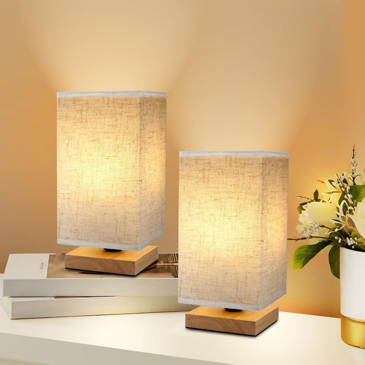 Minimalist Bedside Table Lamp with Fabric Shade and Wooden Base
