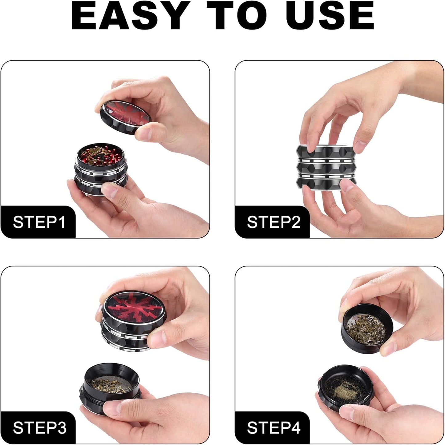 4 Pieces Clear Top Herb Grinder - Aluminium Spice Grinder with Pollen Scraper and Cleaning Brush - Black and Red.