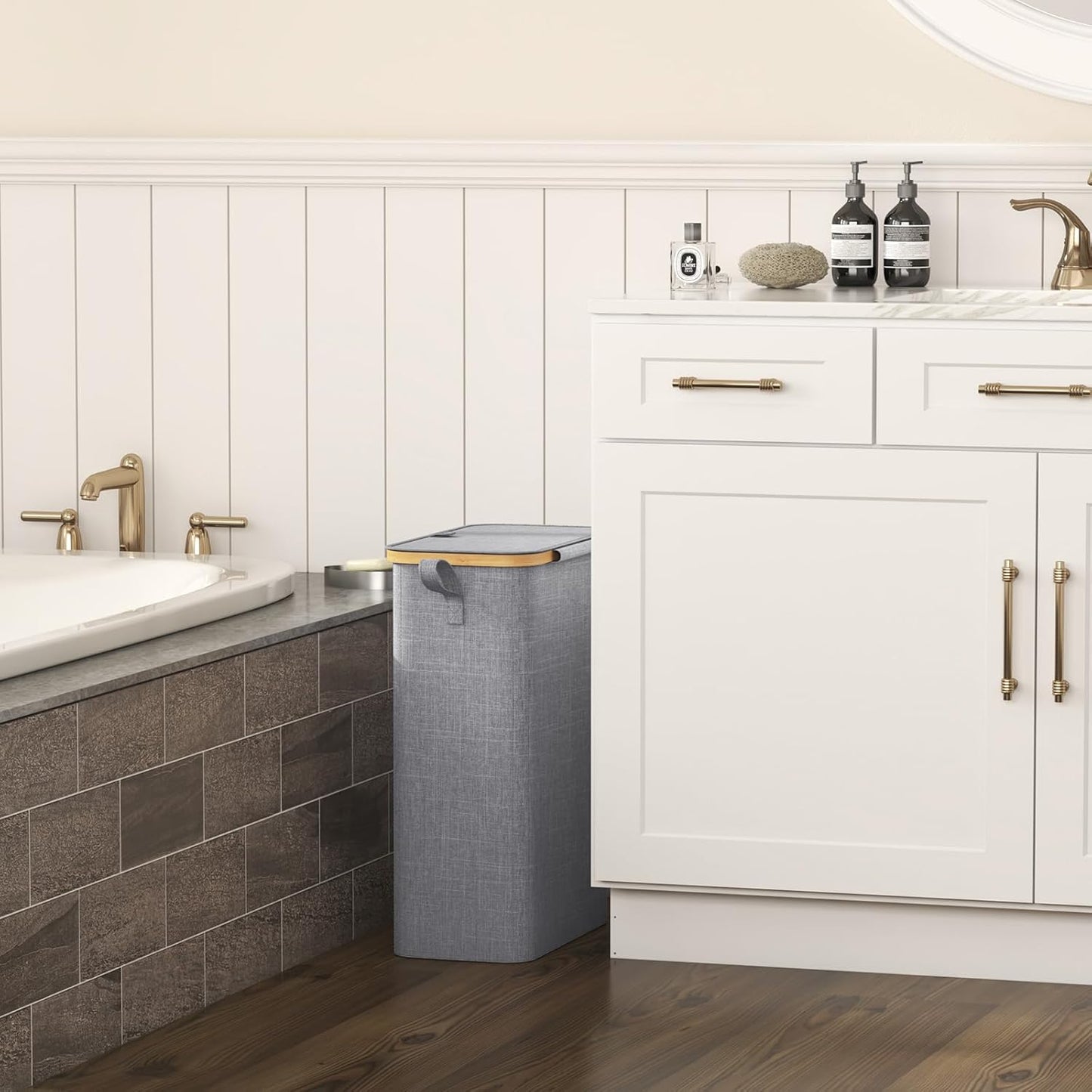 50L Slim Laundry Hamper with Lid, Narrow Laundry Basket with Removable Bag & Bamboo Handles, Fodable Thin Dirty Clothes Hamper for Laundry Collapsible Bin for Bathroom Bedroom Dorm