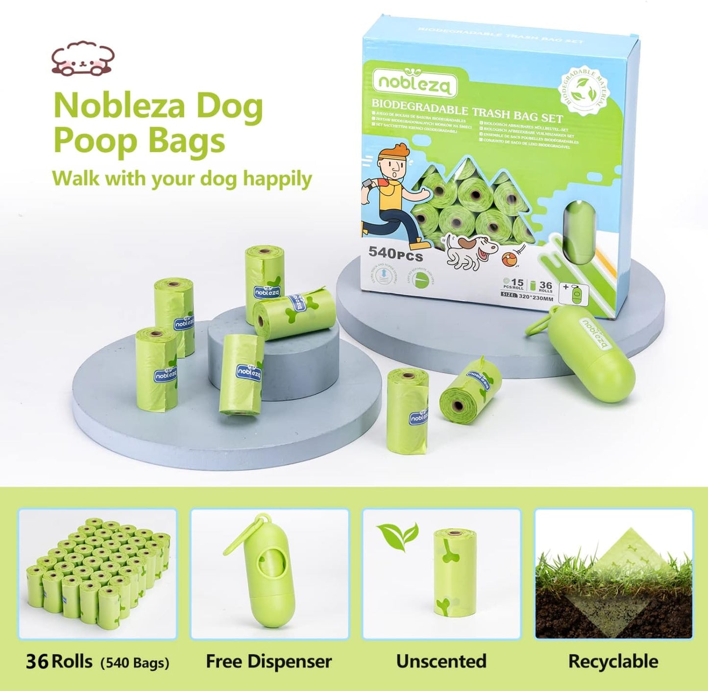 Dog Poo Bags with Dispenser, 360 Count - Extra Thick & Large, Unscented Leak-Proof