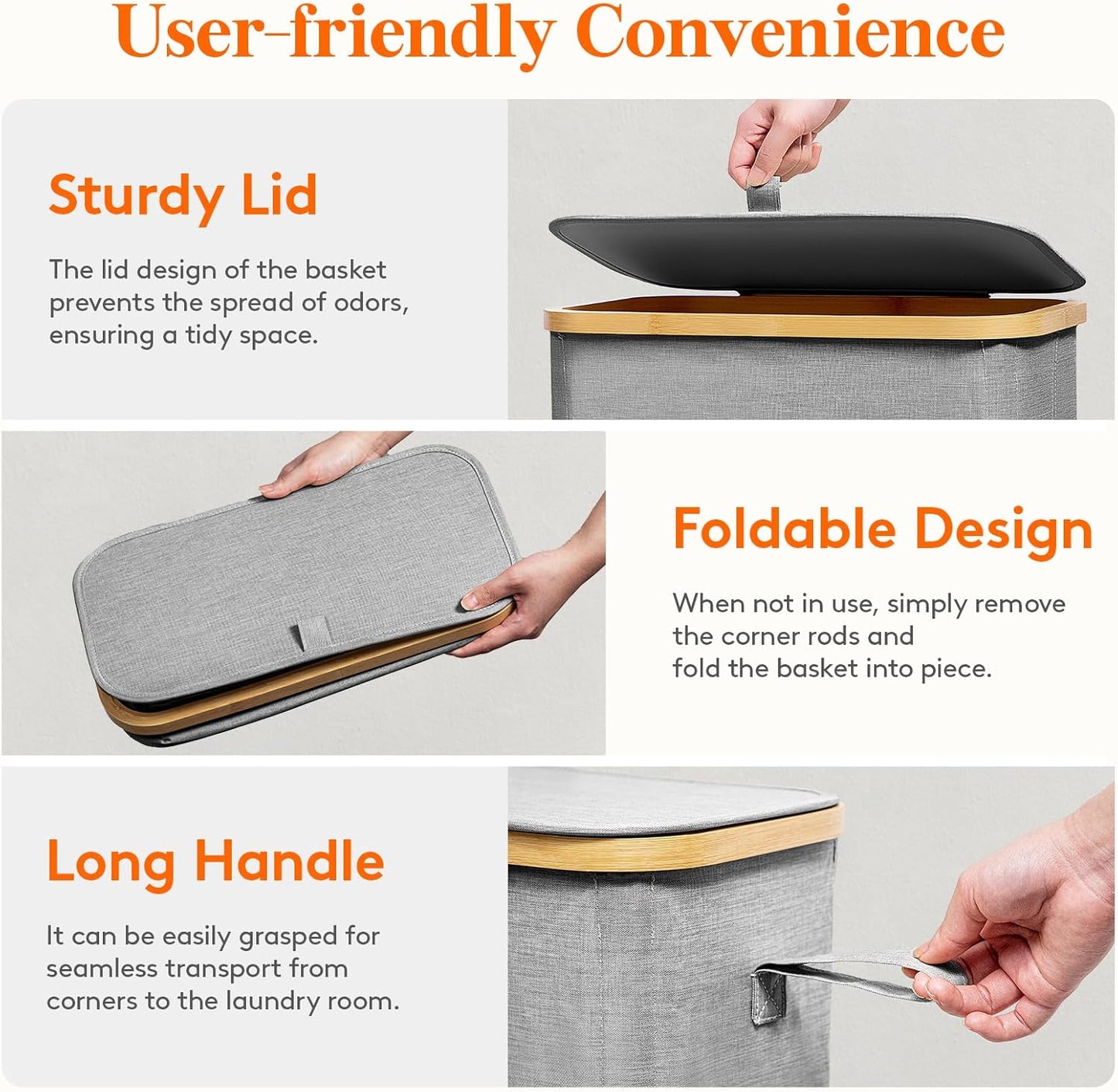 50L Slim Laundry Hamper with Lid, Narrow Laundry Basket with Removable Bag & Bamboo Handles, Fodable Thin Dirty Clothes Hamper for Laundry Collapsible Bin for Bathroom Bedroom Dorm