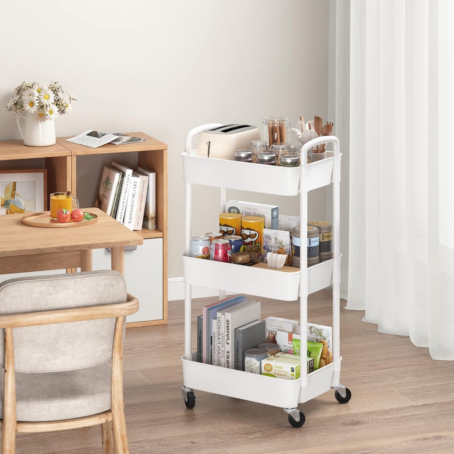 3-tier Storage Rack on Wheels, Kitchen & Office Utility Cart, Rolling Rack for Bedroom & Bathroom, White