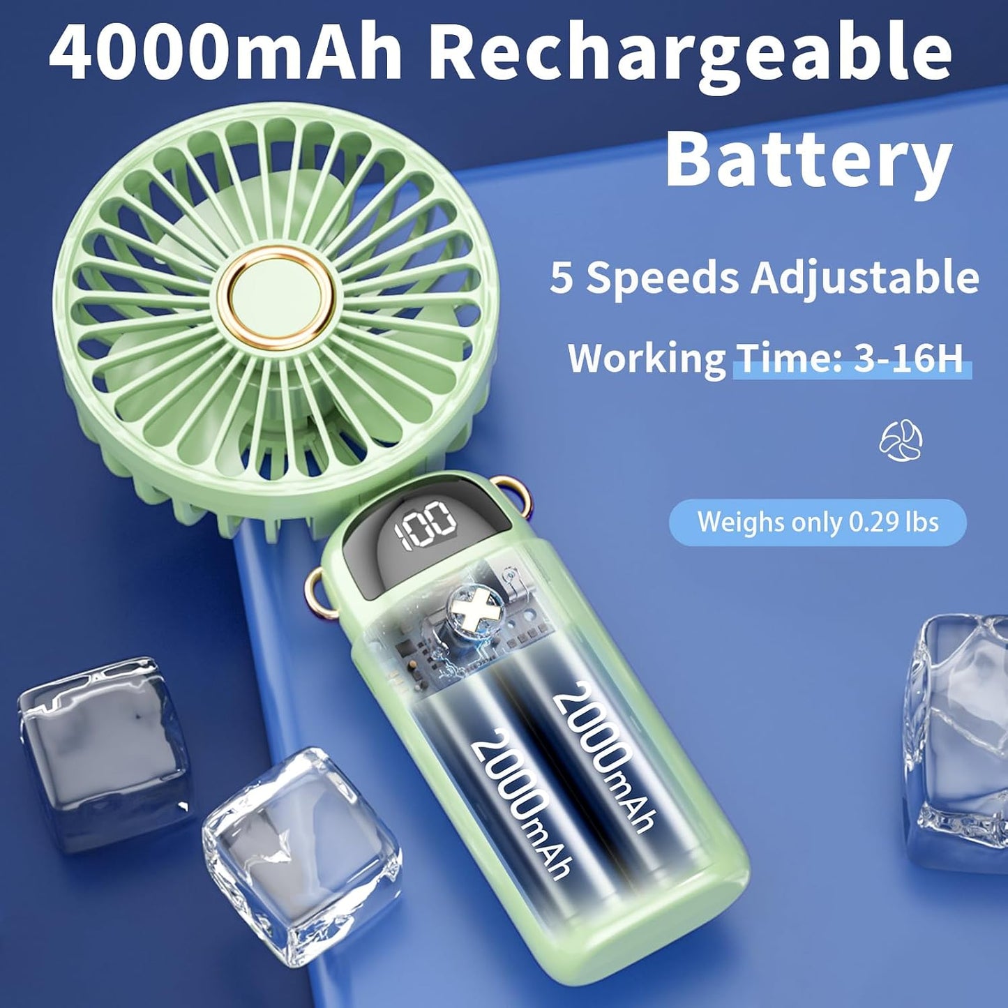 Portable Handheld Rechargeable Mini Fan with USB Battery, Foldable Desk Fan, 5 Speeds LED Display