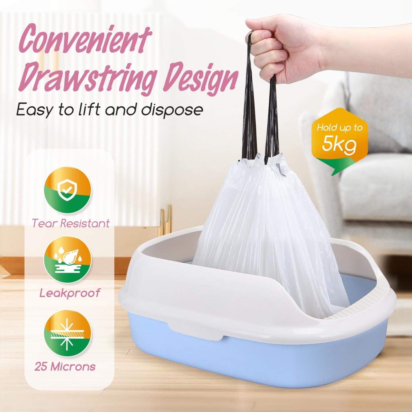 20Pcs XL Cat Litter Tray Liners With Drawstrings, 94x45cm Strong Durable Extra Large Cat Litter Tray Liners, 25 Microns Thickness Leak-Proof Cat Litter Bags for X-Large Litter Box, White