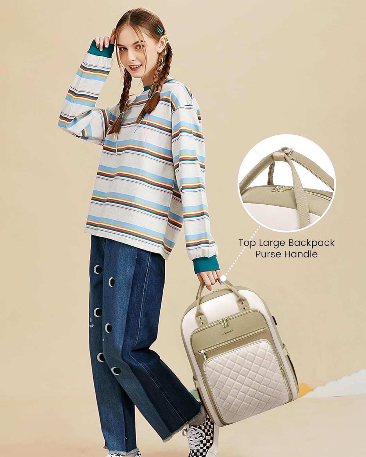 Laptop Backpack Women 15.6 Inch, Backpacks Womens, Rucksack Bag for College Work Travel University, Ladies Lightweight Commuter Bags with USB Port, Beige Khaki