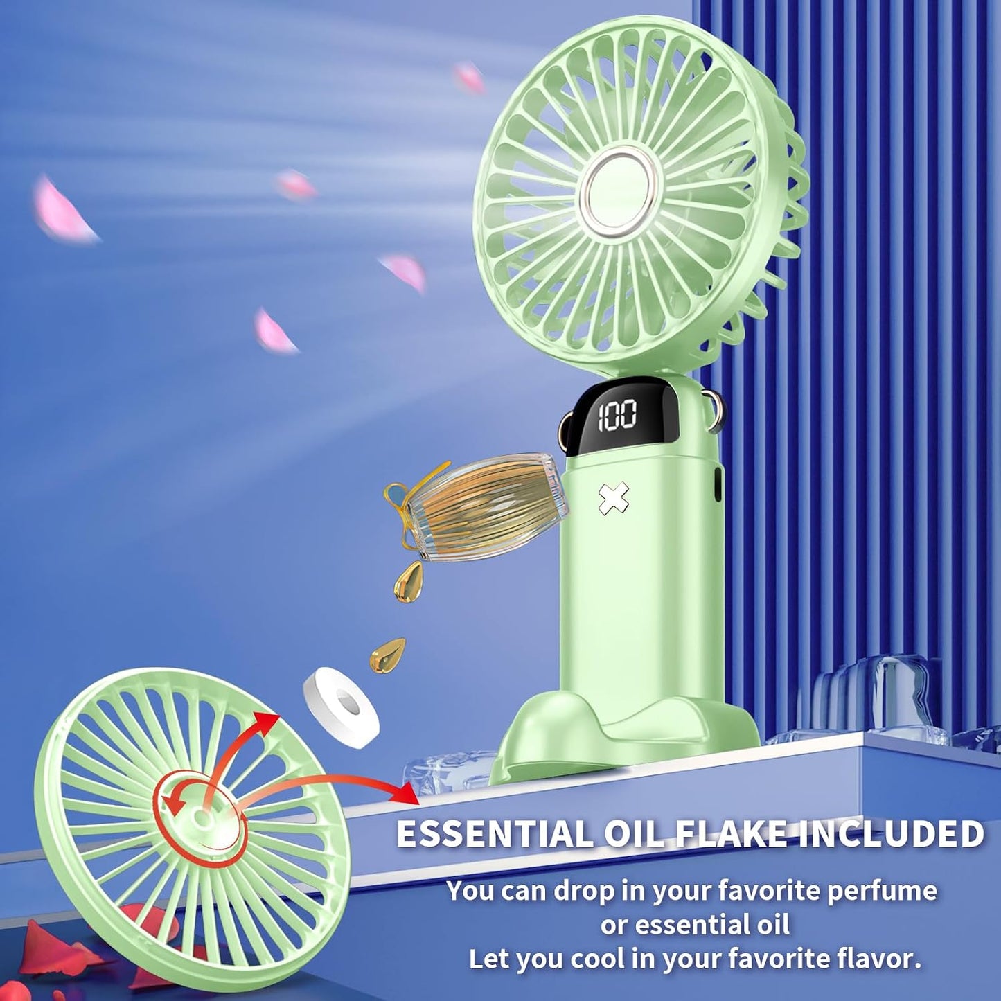 Portable Handheld Rechargeable Mini Fan with USB Battery, Foldable Desk Fan, 5 Speeds LED Display