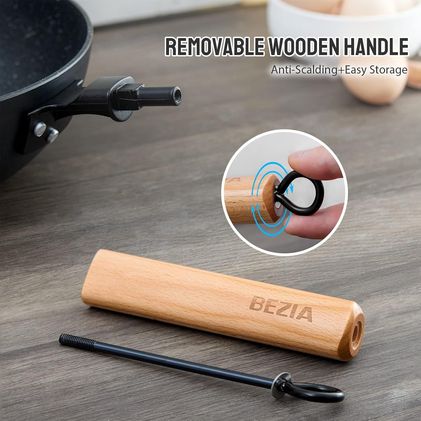 Nonstick Wok with Lid 30cm, Induction Wok Pan with Flat Bottom, 12inch Stir-Fry Pan and Non Stick Frying Pan, Removable Wooden Handle, Compatible All Stoves, Black (12421B)