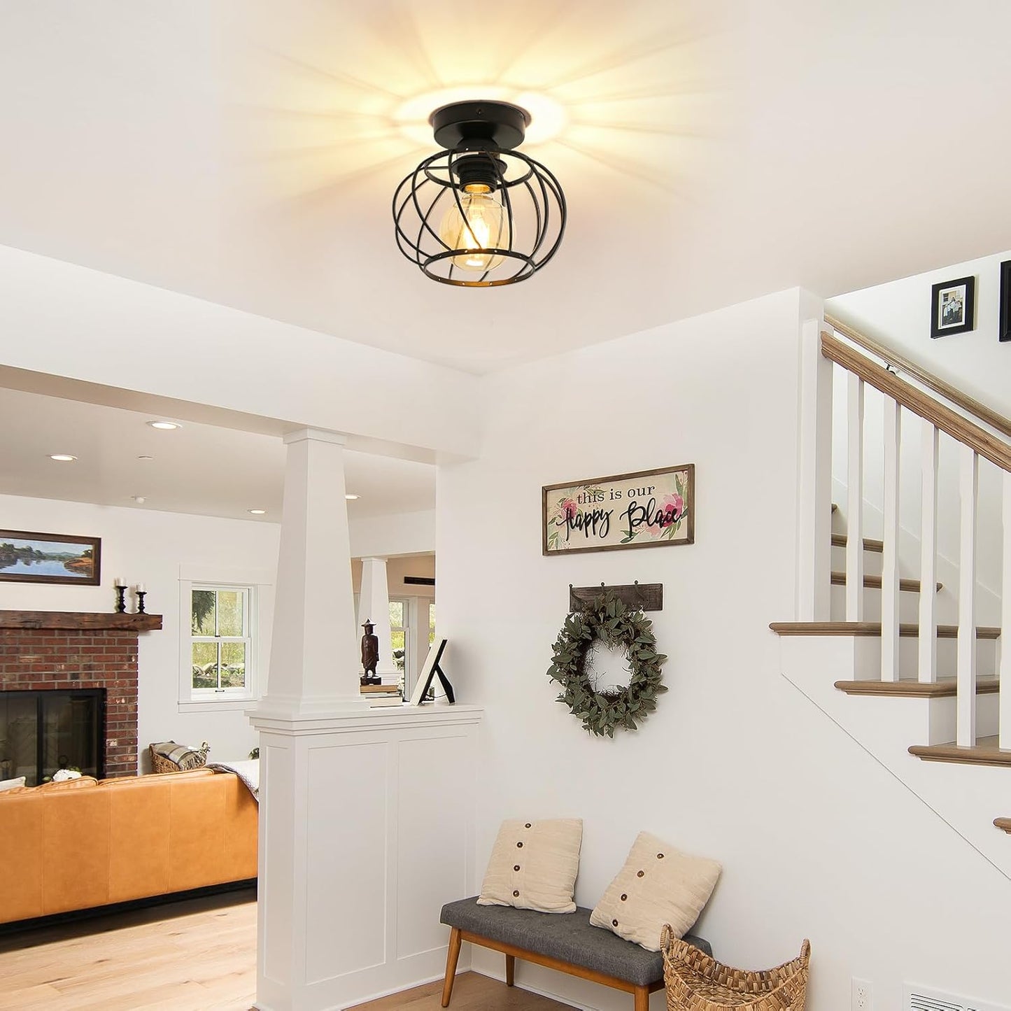 Industrial Ceiling Light Semi Flush Mount Ceiling Light Metal Cage E27 Black Ceiling Lights for Living Room, Hallway, Kitchen, Bedroom, Porch