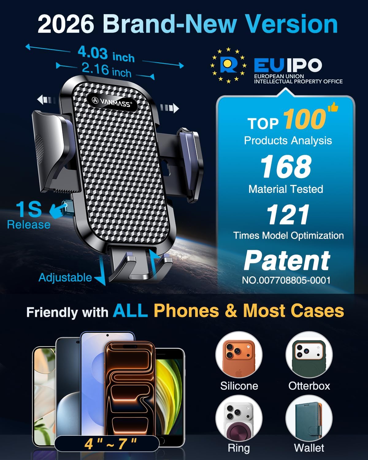 Car Phone Holder with Rotate Lock and Strong Suction Cup - Dashboard Windscreen Vent Mount Universal Cradle