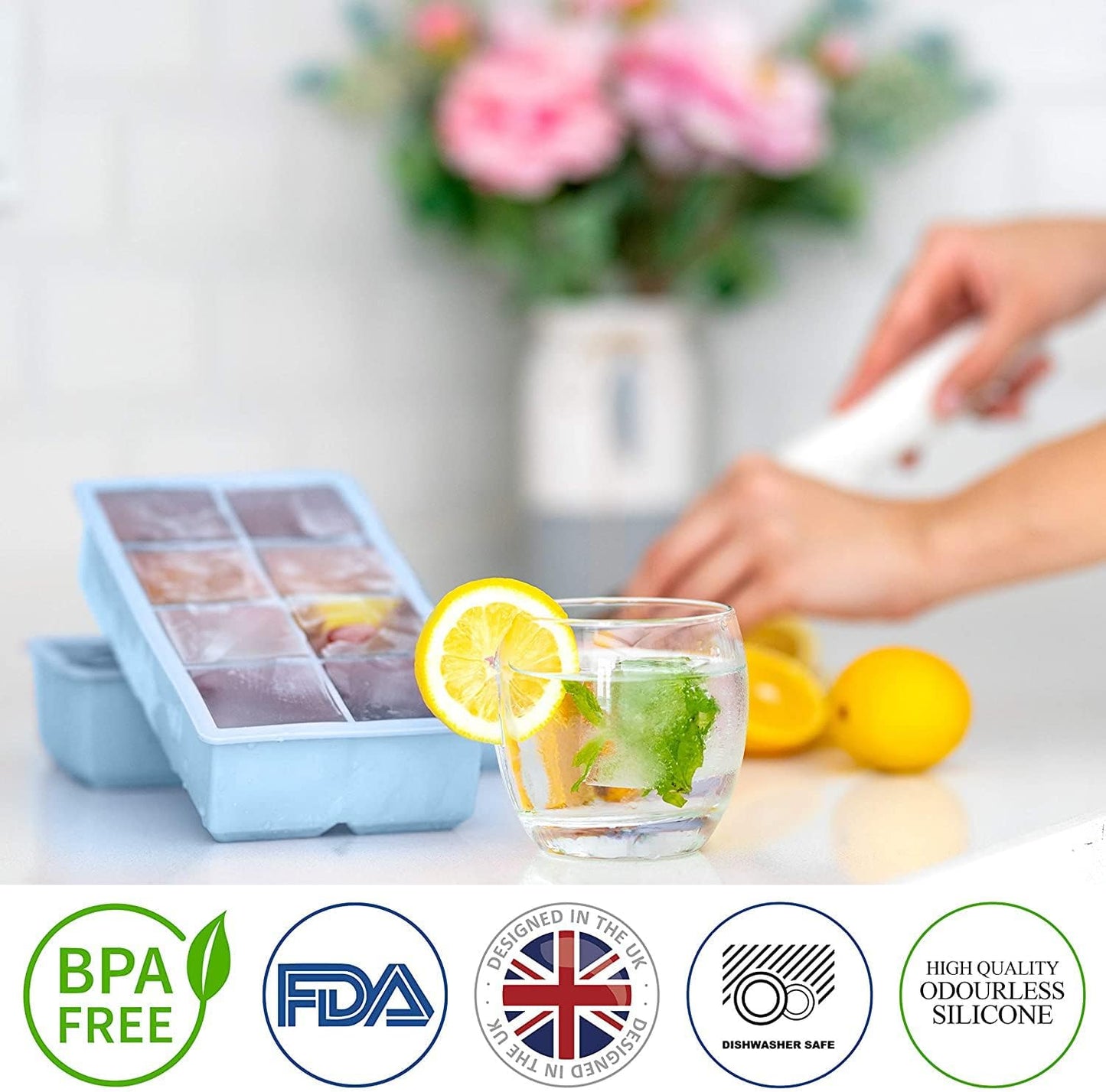 Silicone Freezer Containers - Large Ice Cube Tray with Lids Set of 2 - BPA Free - 16 Moulds for Baby Purees, Ice, Soup, Cocktails