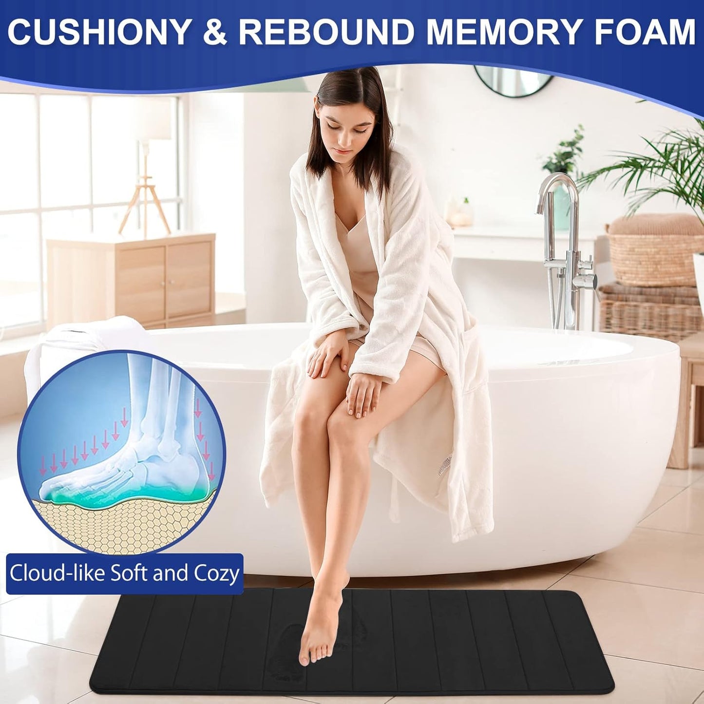 Bath Mat Set Ultra Soft Non Slip Memory Foam 3 Piece Bathroom Rug Super Absorbent Floor Mat Machine Wash Toilet Mat for Bathroom, Bedroom,Living Room (Black, 60 * 80+U60*60+43 * 120cm)