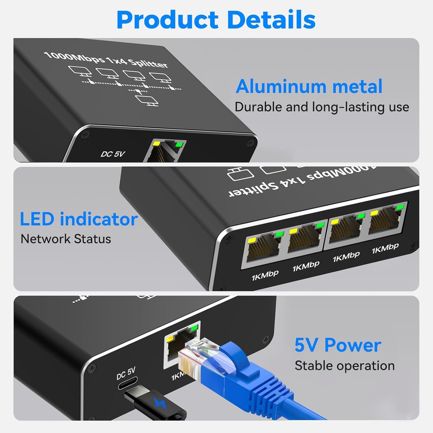 Ethernet Splitter 1 to 4, Gigabit Ethernet Switch, 1000Mbps RJ45 LAN Internet Splitter with USB-C Power Cable for Computer, Hub, Switch, Router, ADSL, Digital TV
