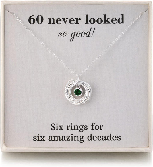 RareLove 60th Birthday Gifts for Women Jewellery,925 Sterling Silver 6 Rings Sapphire Birthstone Necklace,60 Birthday Gifts for Mum Best Friends,Six Rings for Six Decades