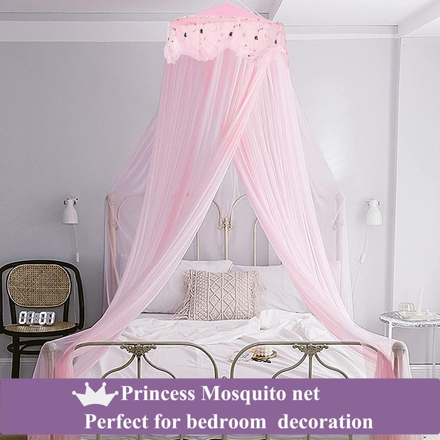Mosquito Mesh Net Large Dome Hanging Canopy for Girls With Round Lace for Punch-free Installation - Single to Double Bed - Ideal for Bedroom Decorative
