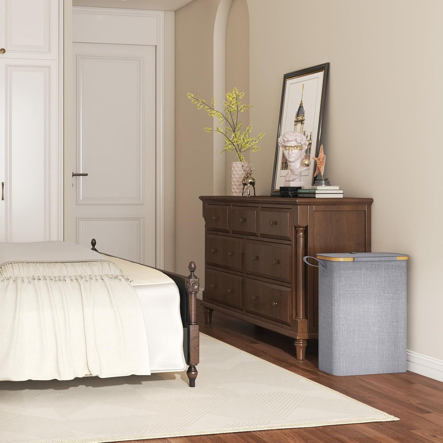 50L Slim Laundry Hamper with Lid, Narrow Laundry Basket with Removable Bag & Bamboo Handles, Fodable Thin Dirty Clothes Hamper for Laundry Collapsible Bin for Bathroom Bedroom Dorm