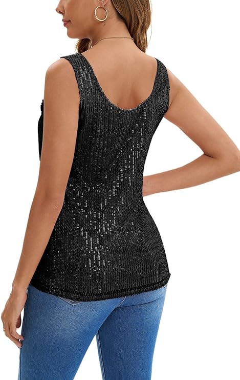 New Women's Sequin Glittery Vests Top V Neck Sparkly Ladies Party Shimmer Tops