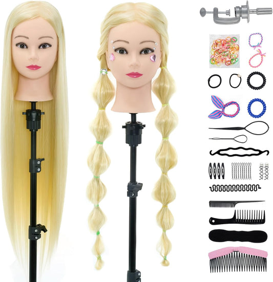 Synthetic Fiber Hair Training Head Hairdressing Practice Mannequin Manikin with Clamp + Hair Styling Braid Accessoires Set
