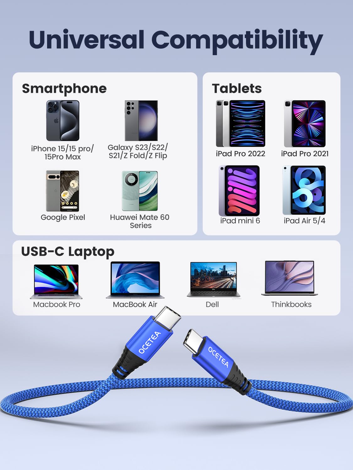 USB C to USB C Cable, [2Pack 2M] 60W 20V/3A PD Fast Charging Data Cable Lead Compatible with iPhone 16 15, MacBook Pro, iPad Pro, Galaxy S24 S23 Ultra, Pixel