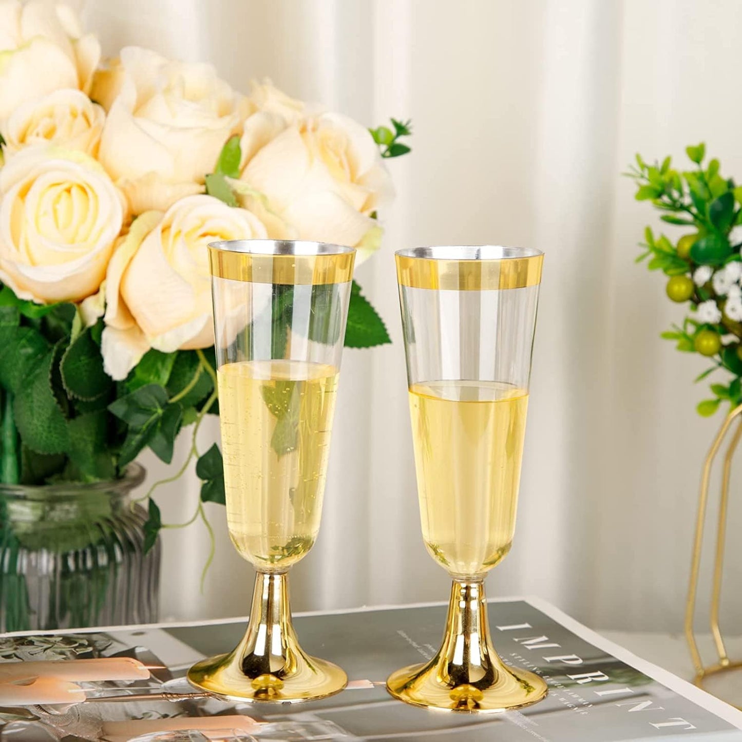30Pcs Plastic Champagne Flutes, 150ml Gold Champagne Glasses Reusable Stemmed Party Wine Cups for Garden Wedding Anniversary Shower Parties