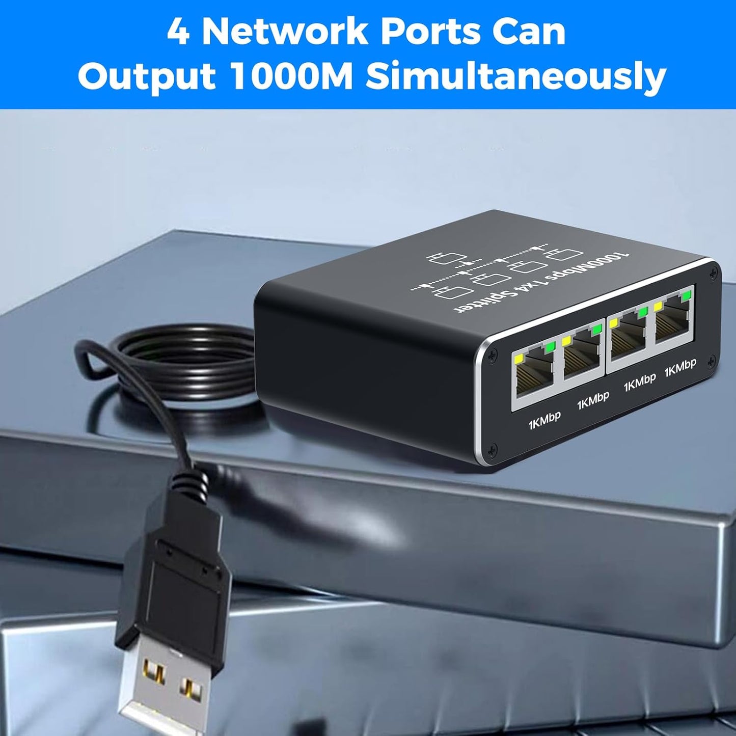 Ethernet Splitter 1 to 4, Gigabit Ethernet Switch, 1000Mbps RJ45 LAN Internet Splitter with USB-C Power Cable for Computer, Hub, Switch, Router, ADSL, Digital TV
