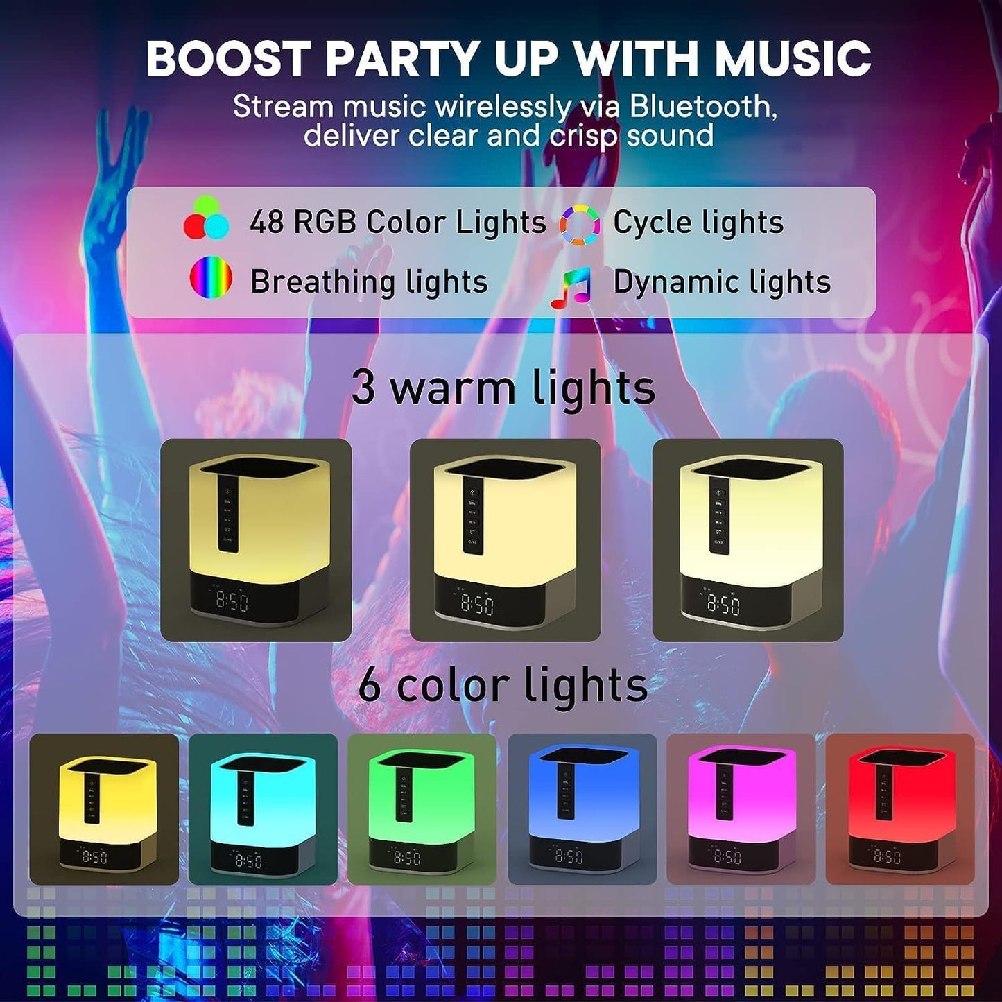 Night Light Bluetooth Speaker, White Noise Machine with 16 Soothing Sounds, Digital Alarm Clock, Dimmable Bedside Lamp with 48 Colour Changing Lights, Gifts for Kids Teenage Boys Girls 10-18 Year Old