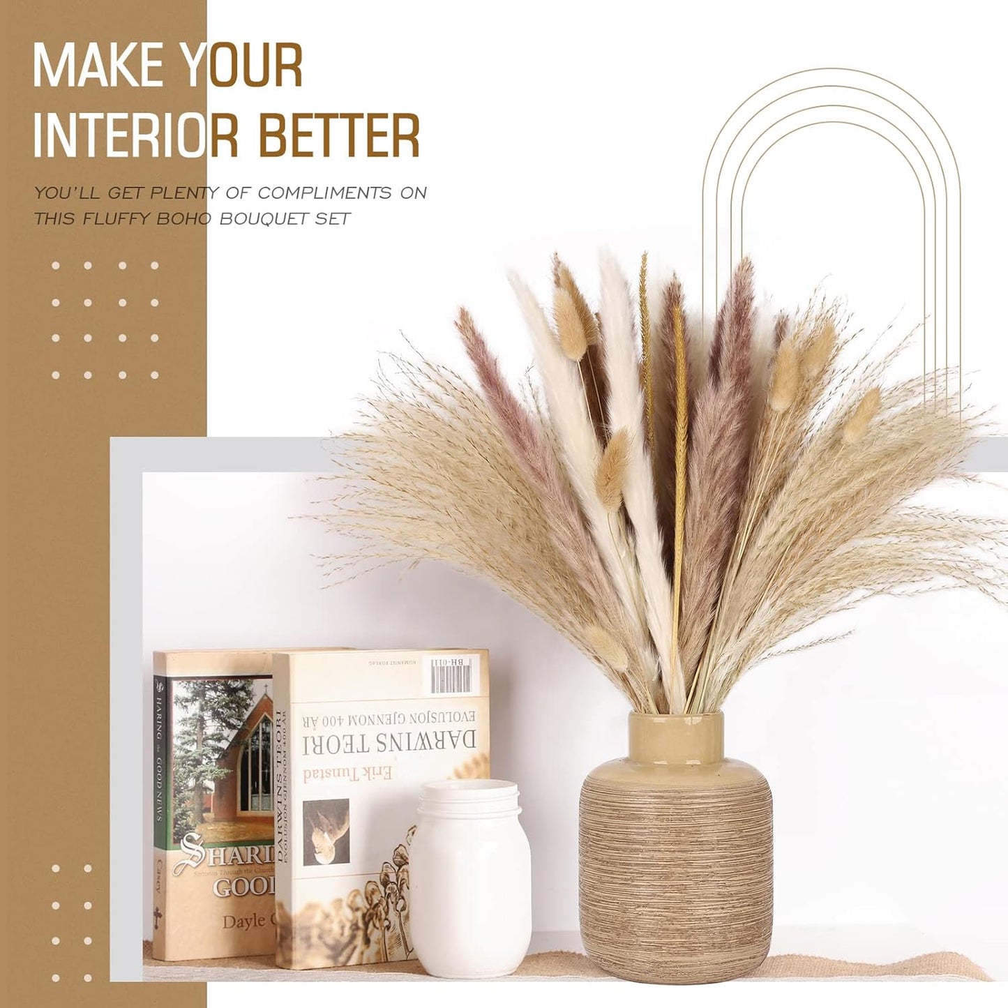 Pampas Grass Decor-5Pcs White Pampas Grass, 10Pcs Brown Pompous Grass, 10Pcs Bunny Tails, 15Pcs Reed Grass,10Pcs Yellow Flowers, Wedding Floral Arrangements Home Decorations