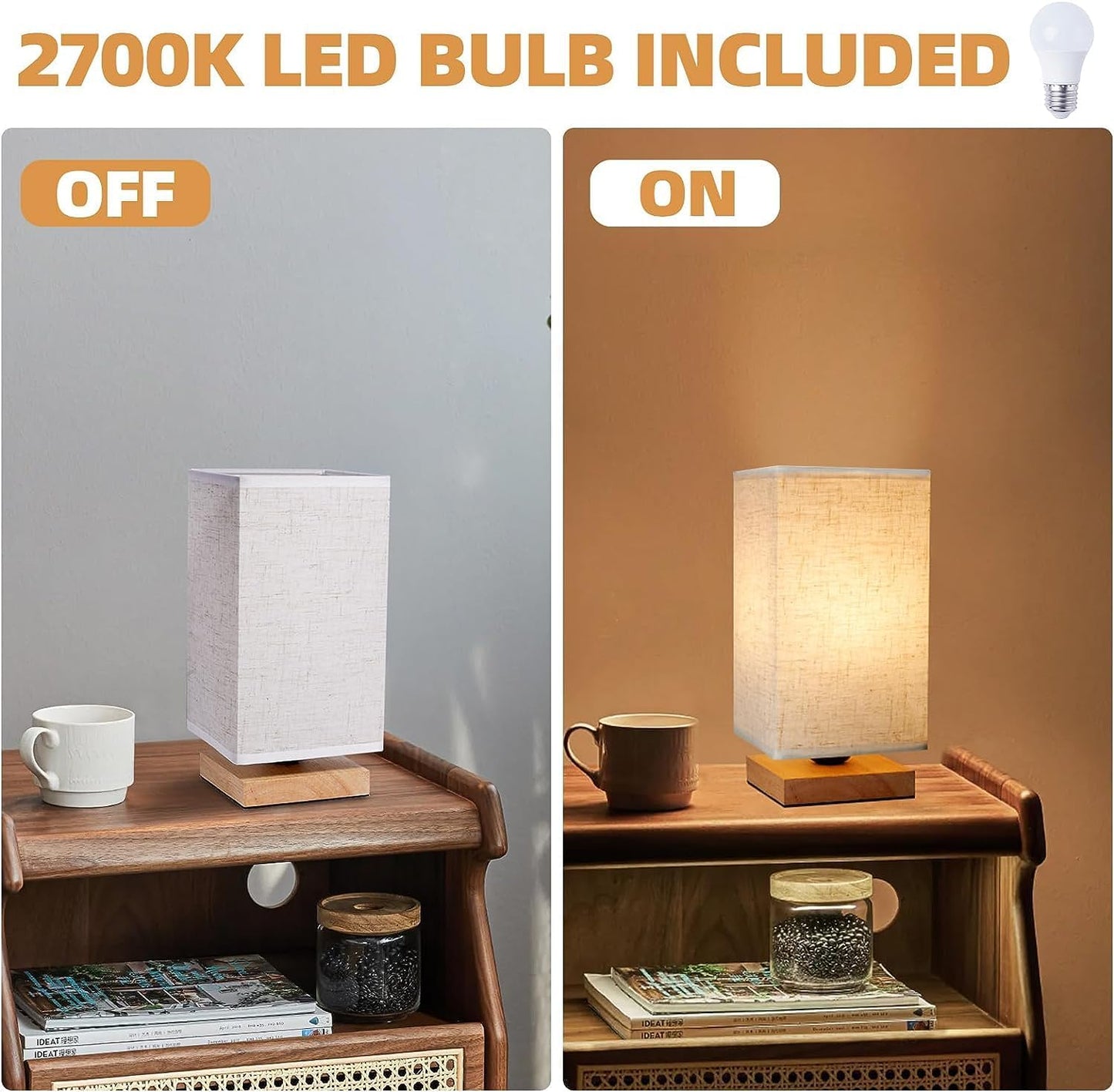 Table Lamp Small Bedside Lamp Minimalist with Rectangle Fabric Shade Natural Wooden Base