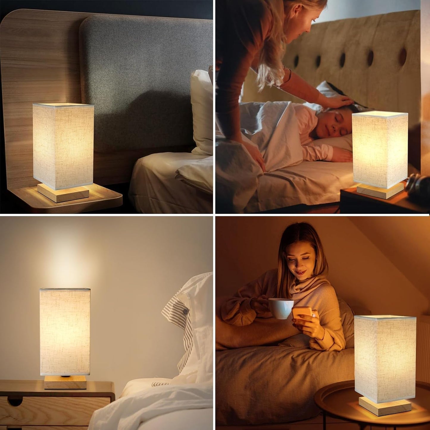 Table Lamp Small Bedside Lamp Minimalist with Rectangle Fabric Shade Natural Wooden Base