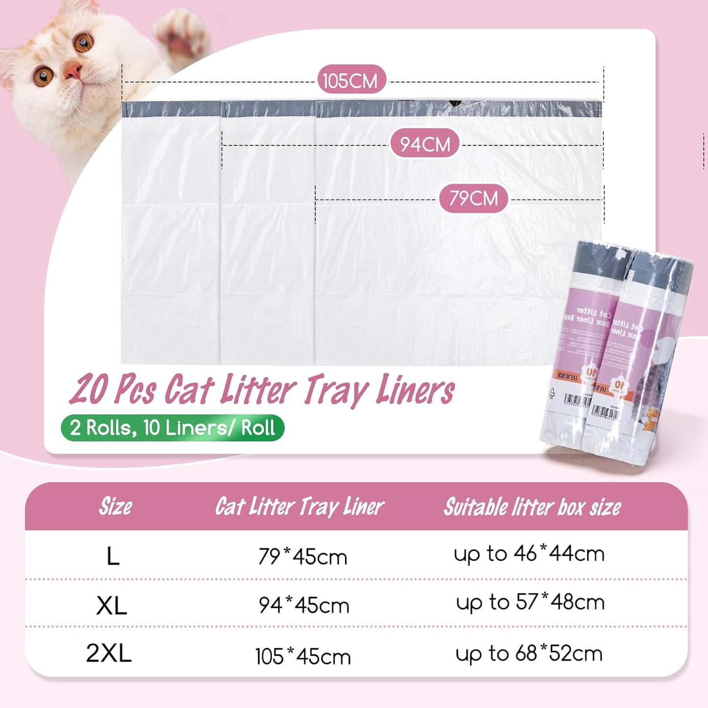 20Pcs XL Cat Litter Tray Liners With Drawstrings, 94x45cm Strong Durable Extra Large Cat Litter Tray Liners, 25 Microns Thickness Leak-Proof Cat Litter Bags for X-Large Litter Box, White