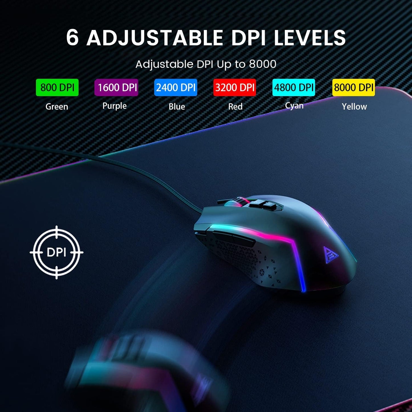 RGB Gaming Mouse Wired, PC Gaming Mice with 8000 DPI, 7 Programmable Buttons, Chroma RGB Backlit, 6 DPI Adjustment Levels Computer Mouse for PC/Mac/Laptop Gamer