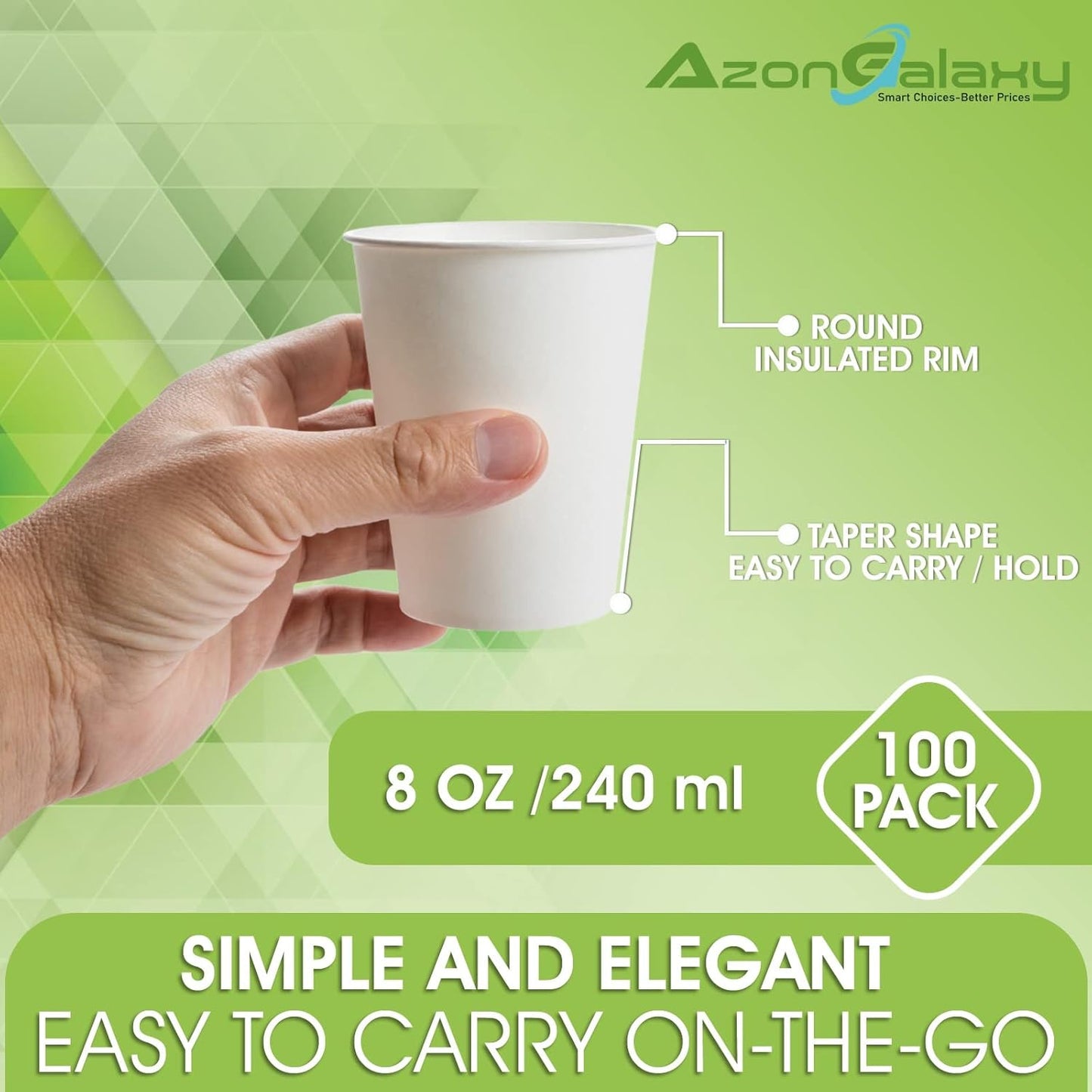 100 X 8oz Top-Tier Quality Paper Cups, 240ml White Disposable Cups, Eco Friendly Paper Cups For Hot and Cold Drinks, Premium Disposable Coffee Cups for Home, Office, Café, Work, Parties, Outdoors