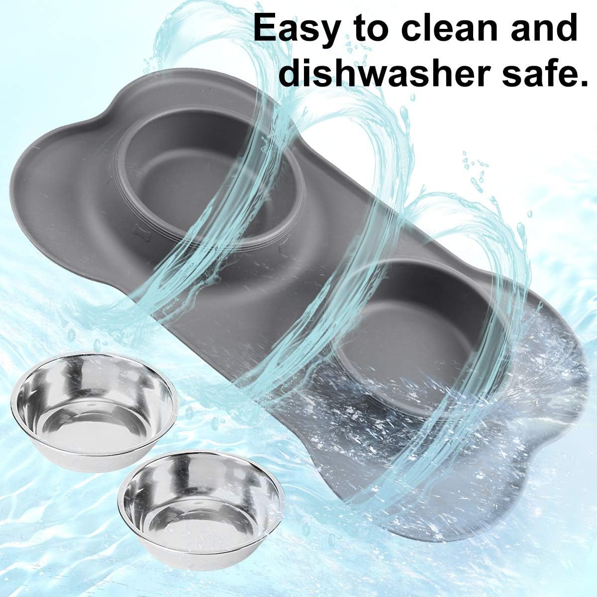 Double Dog Bowls- Stainless Steel 350ml/Bowl Puppy Water and Food Bowl with Non-skid Anti-overflow Silicon Tray Mat for Puppy Dogs, With Pet Food Shovel