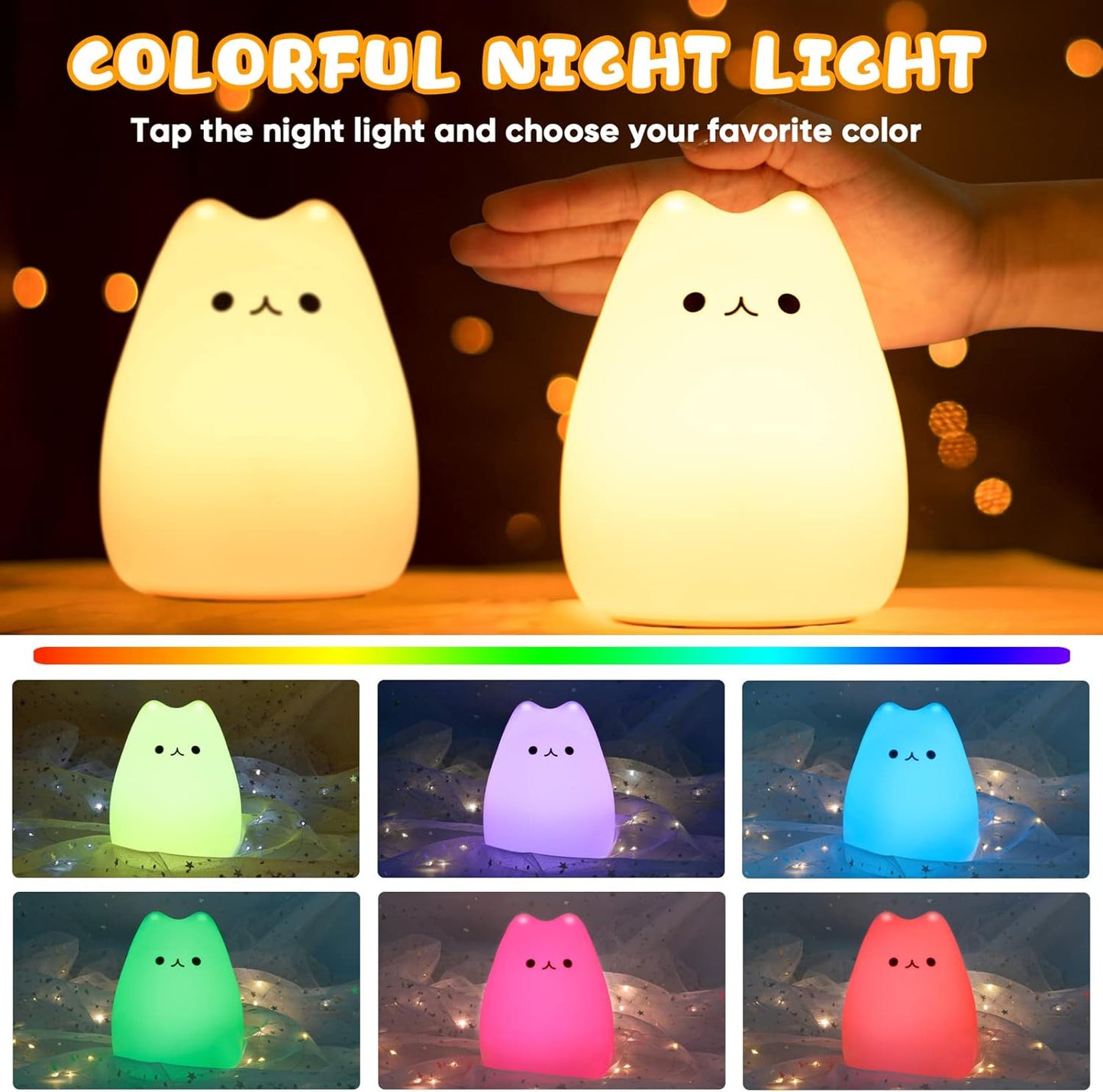 Cat Night Light - Kids Nightlight, Squishy Cute Lamp with Timer & 7 Colors, Rechargeable Bedside Lamp for Toddler & Baby