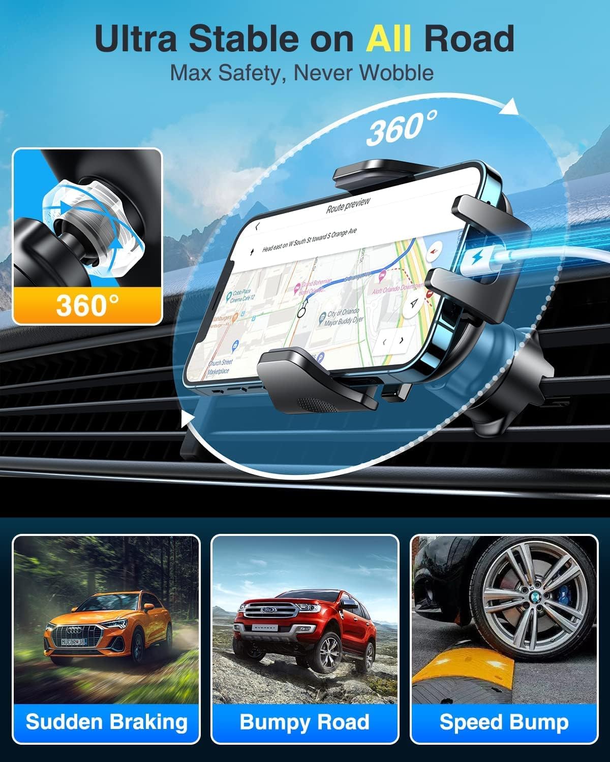 Car Phone Holder with Rotate Lock and Strong Suction Cup - Dashboard Windscreen Vent Mount Universal Cradle